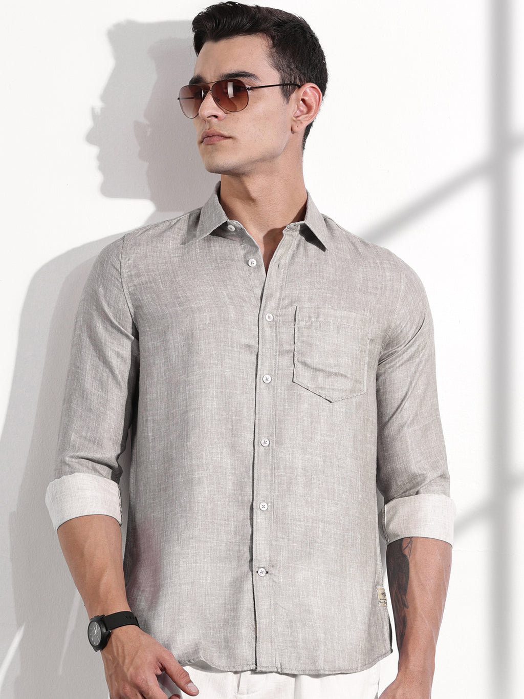 Thomas Scott Men Grey Slim Fit Long Sleeves Linen Casual Shirt
