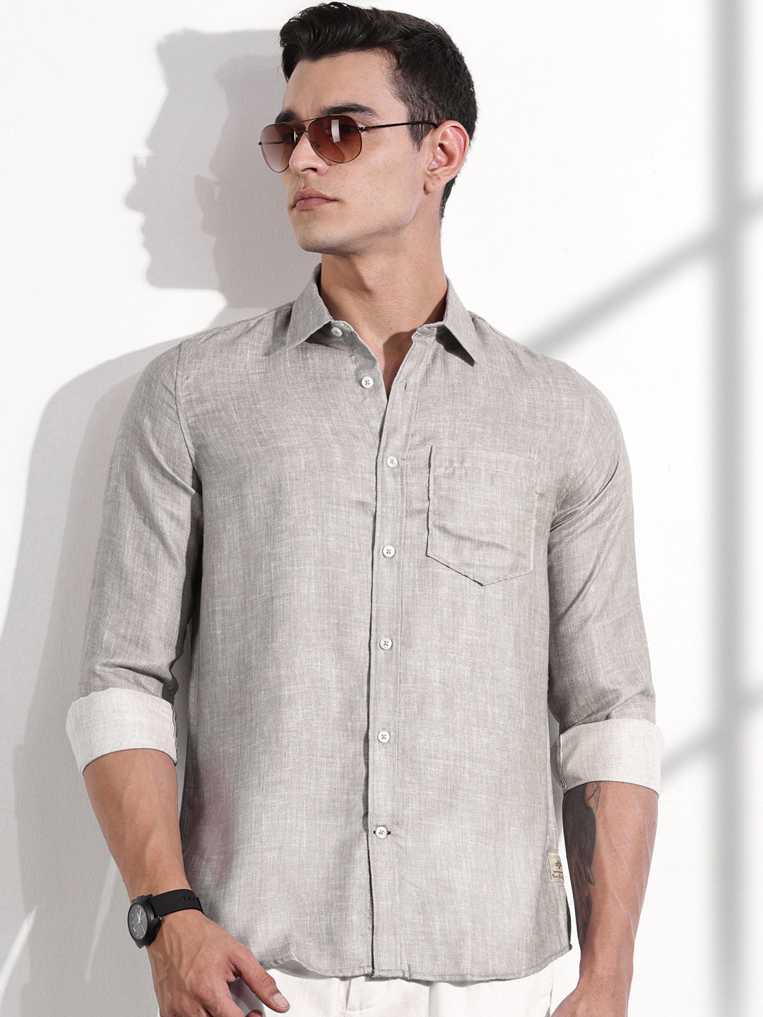 Thomas Scott Men Grey Slim Fit Long Sleeves Linen Casual Shirt