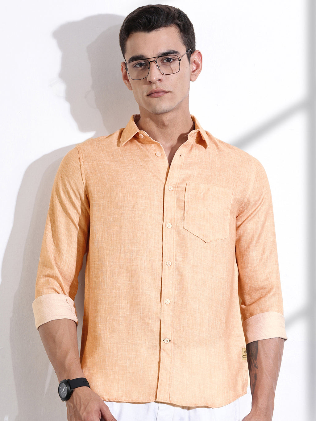 Thomas Scott Men Orange Slim Fit Long Sleeves Linen Casual Shirt