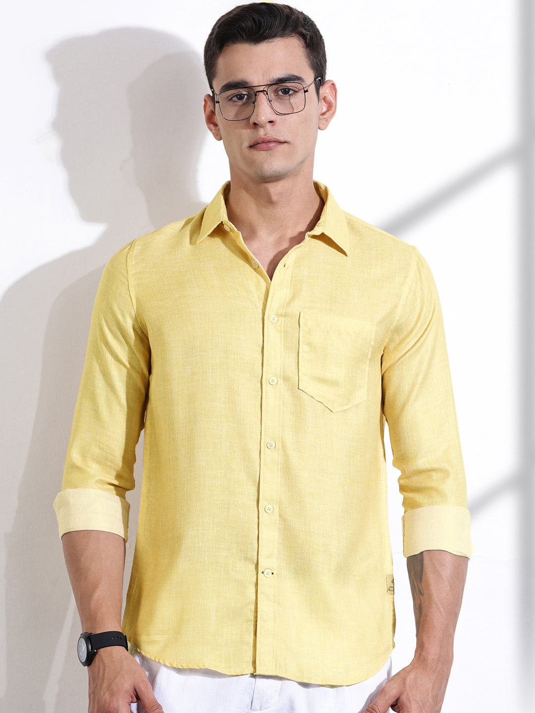 Thomas Scott Men Yellow Slim Fit Long Sleeves Linen Casual Shirt