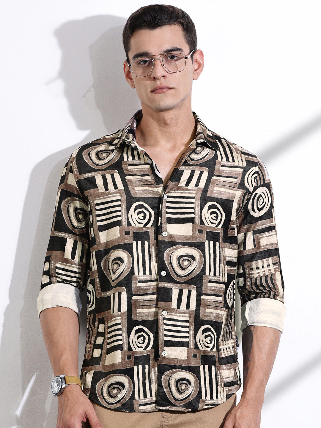 Thomas Scott Men Brown Slim Fit Long Sleeves Abstract Printed Casual Shirt