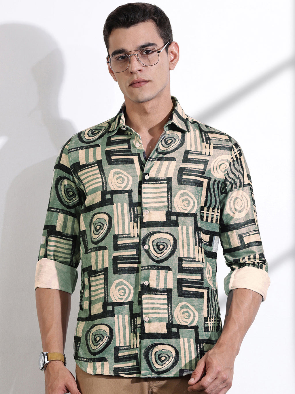 Thomas Scott Men Green Slim Fit Long Sleeves Abstract Printed Casual Shirt