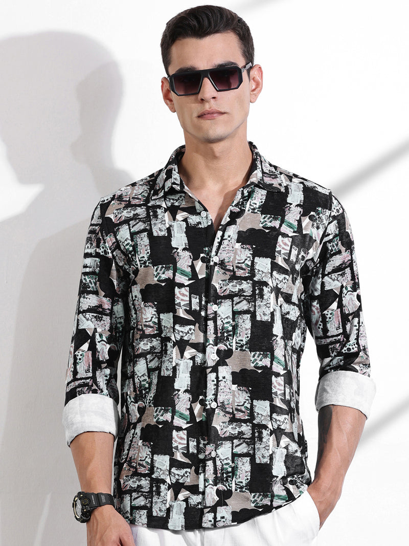 Thomas Scott Men Black Slim Fit Long Sleeves Abstract Printed Casual Shirt