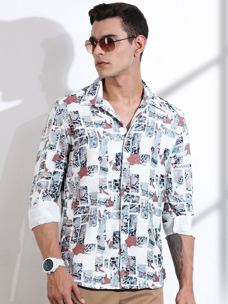 Thomas Scott Men White Slim Fit Long Sleeves Abstract Printed Casual Shirt