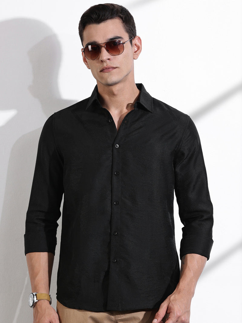 Thomas Scott Men Black Slim Fit Long Sleeves Solid Self Design Casual Shirt