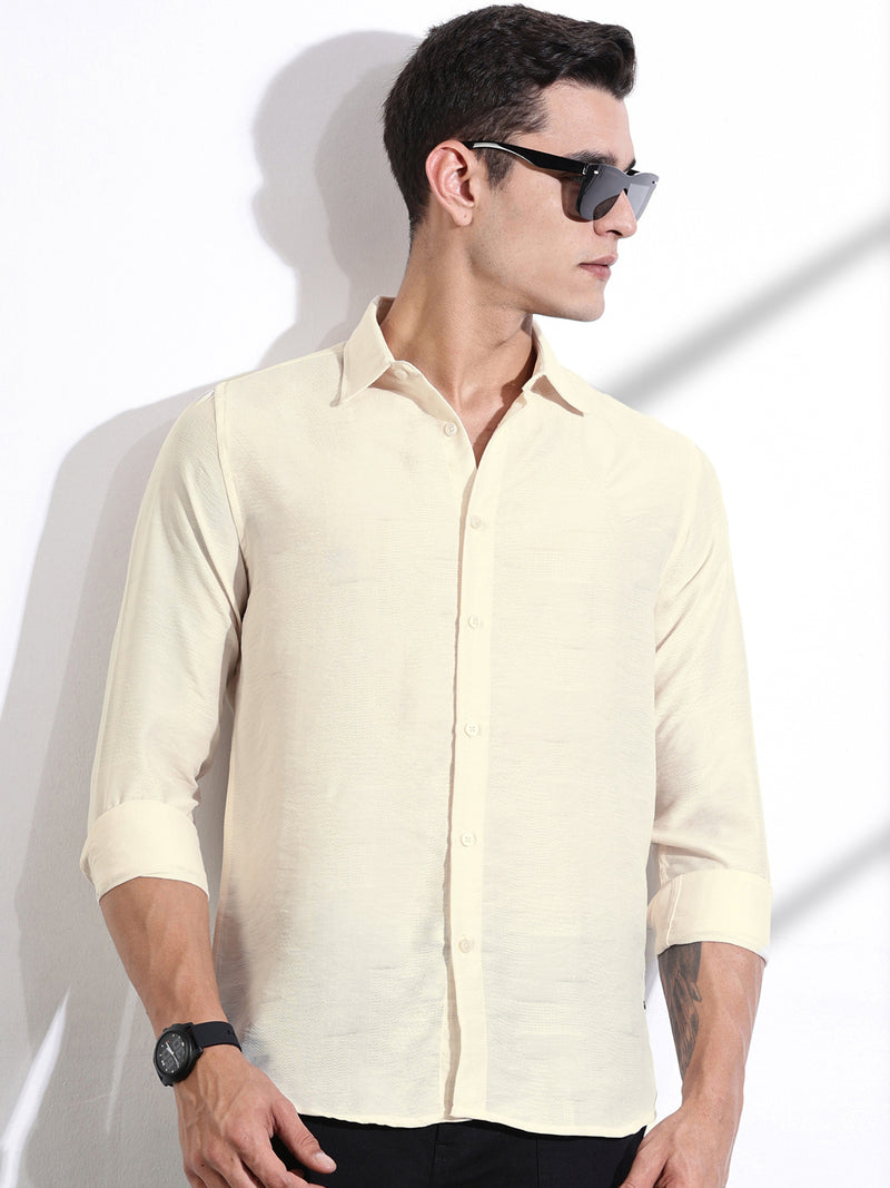 Thomas Scott Men Cream Slim Fit Long Sleeves Solid Self Design Casual Shirt