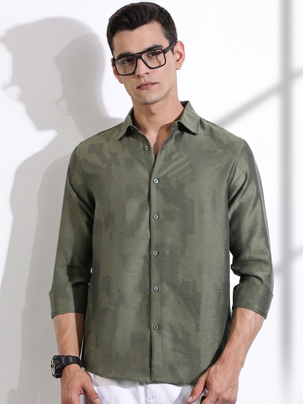 Thomas Scott Men Olive Slim Fit Long Sleeves Solid Self Design Casual Shirt