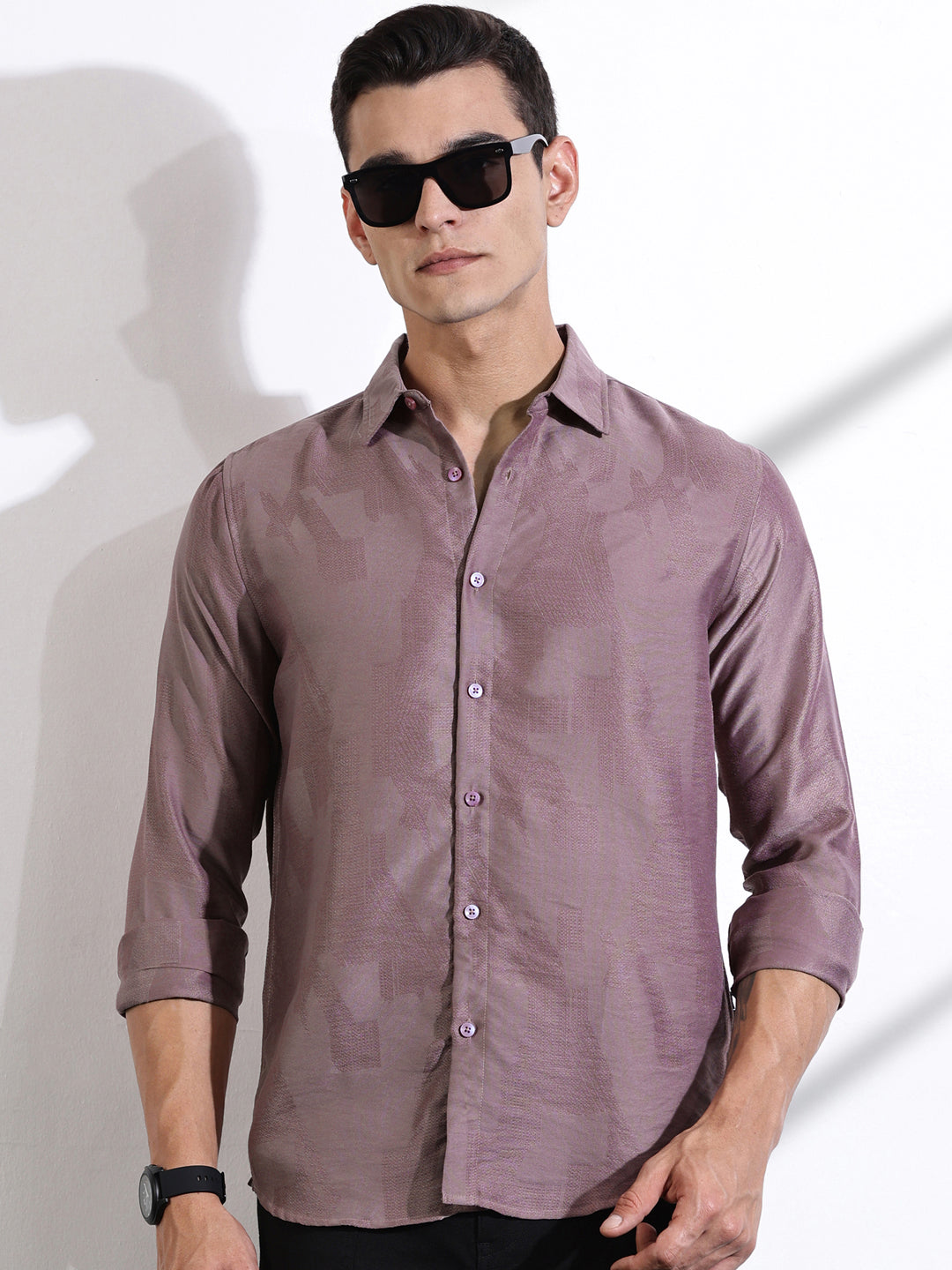 Thomas Scott Men Pink Slim Fit Long Sleeves Solid Self Design Casual Shirt