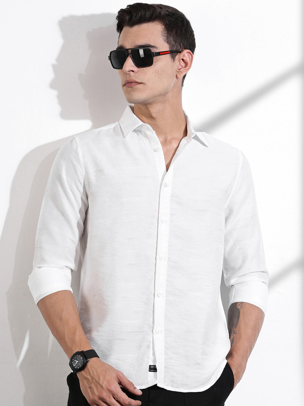 Thomas Scott Men White Slim Fit Long Sleeves Solid Self Design Casual Shirt