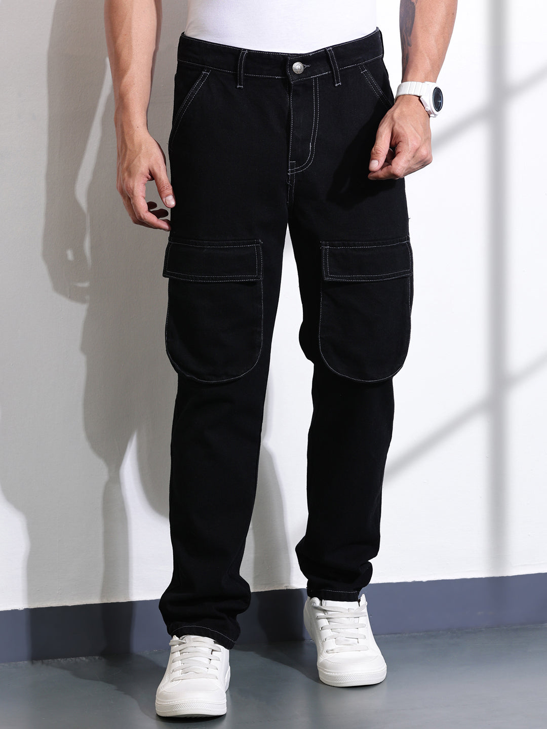 Thomas Scott Men Black Relaxed Fit Cargo Style Cotton Jeans