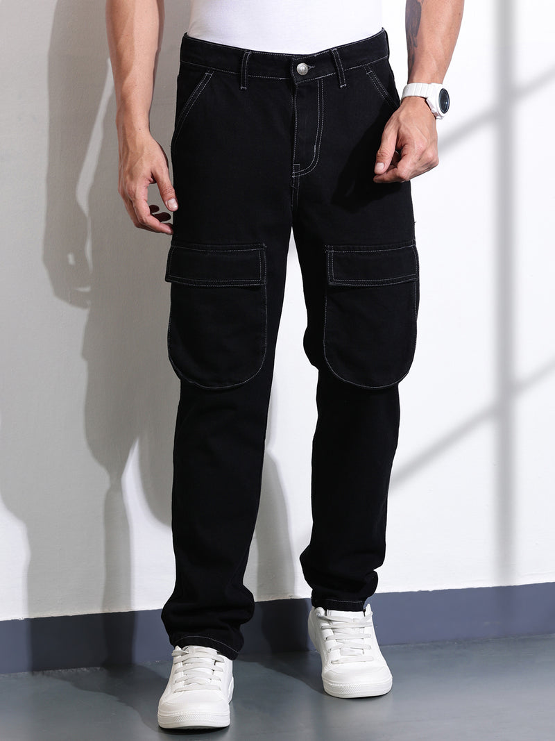 Thomas Scott Men Black Relaxed Fit Cargo Style Cotton Jeans