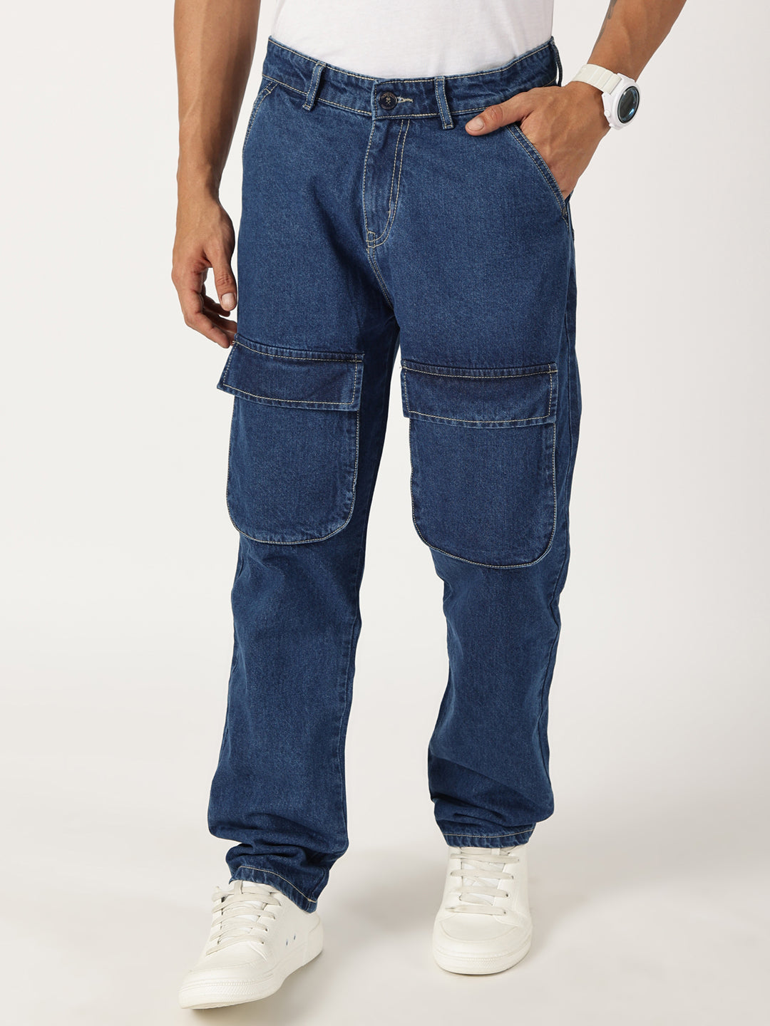 Thomas Scott Men Blue Relaxed Fit Cargo Style Cotton Jeans