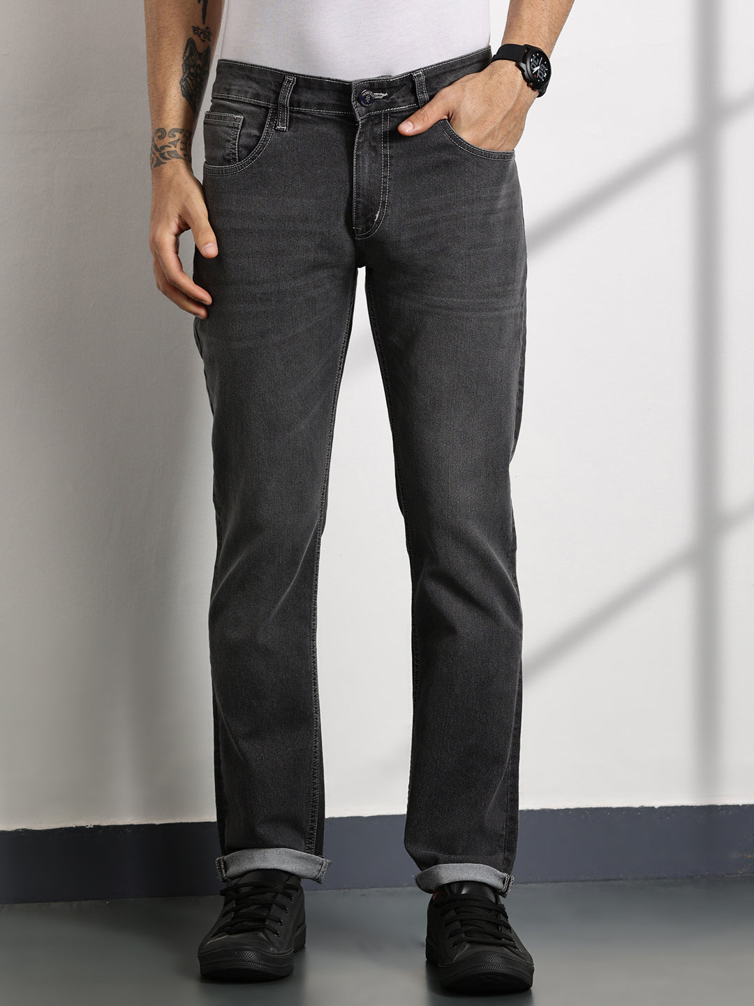 DarkGrey Slim Fit Mid-Rise Clean Look Non stretchable Jeans
