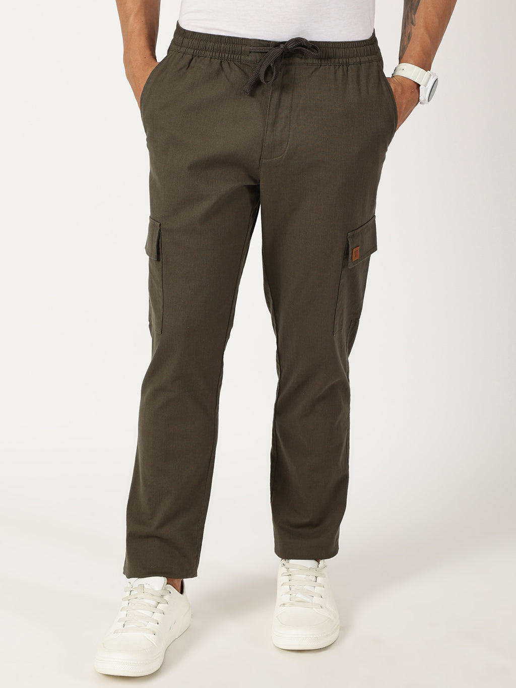 Thomas Scott Men Olive Mid-Rise Straight Fit Cotton Linen Woven Cargos Trouser