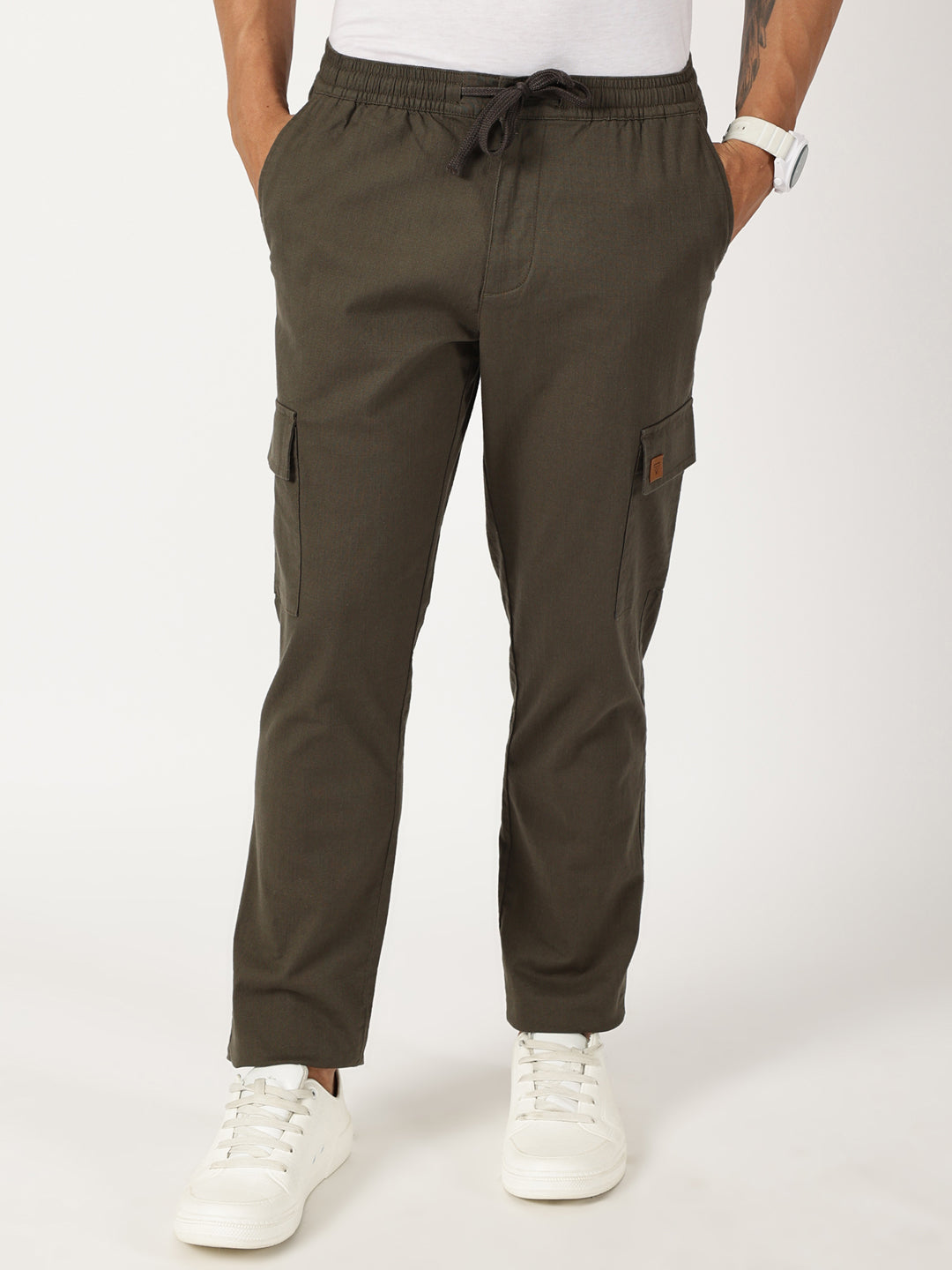 Thomas Scott Men Olive Mid-Rise Straight Fit Cotton Linen Woven Cargos Trouser