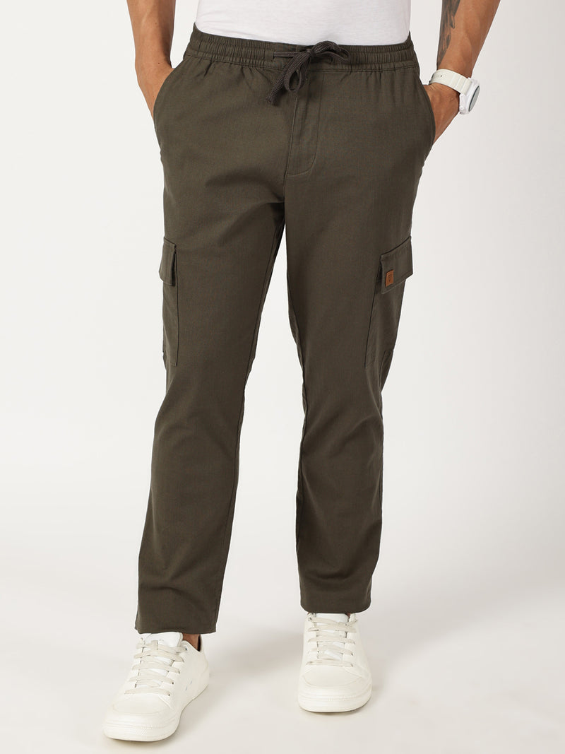Thomas Scott Men Olive Mid-Rise Straight Fit Cotton Linen Woven Cargos Trouser