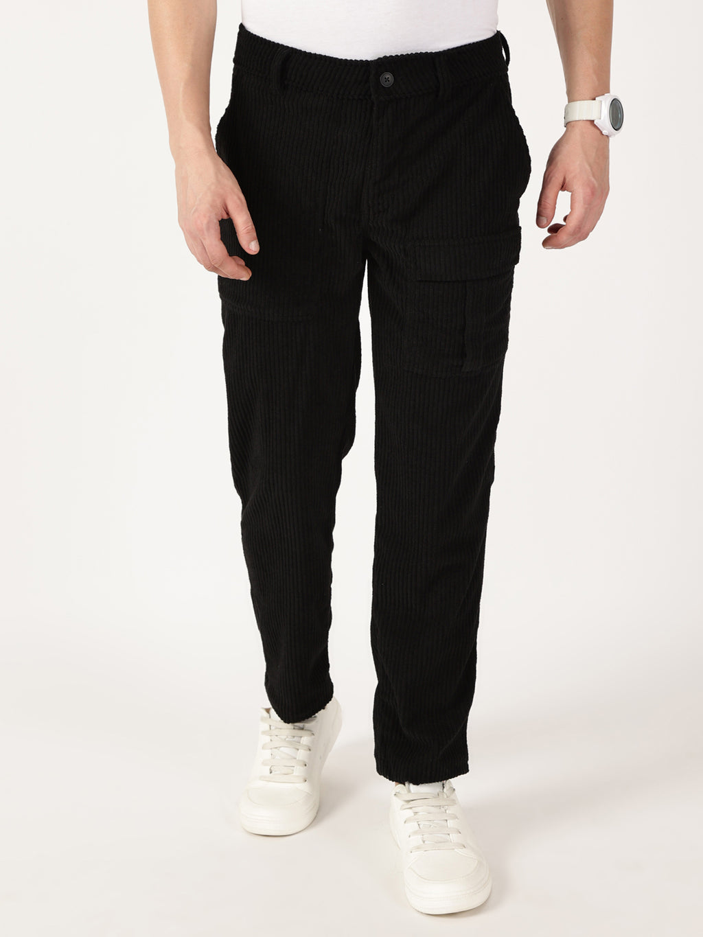 Thomas Scott Men Black Smart Straight Fit Corduroy Cargo Trouser