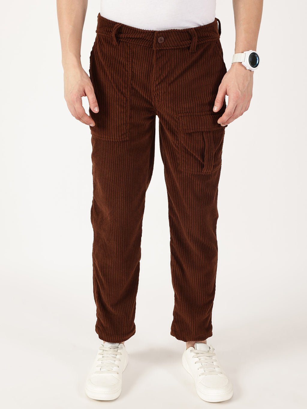Thomas Scott Men Brown Smart Straight Fit Corduroy Cargo Trouser