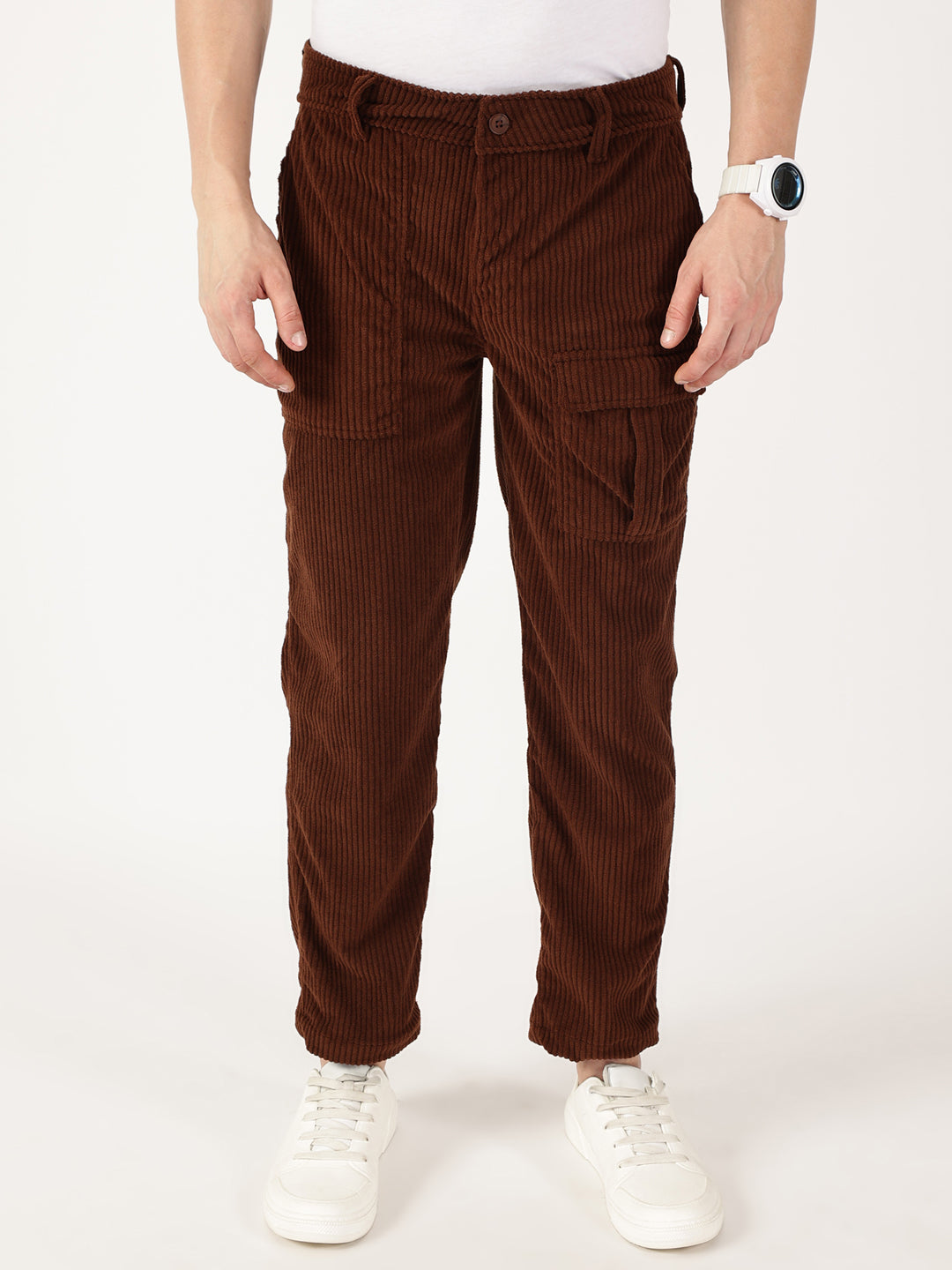 Thomas Scott Men Brown Smart Straight Fit Corduroy Cargo Trouser