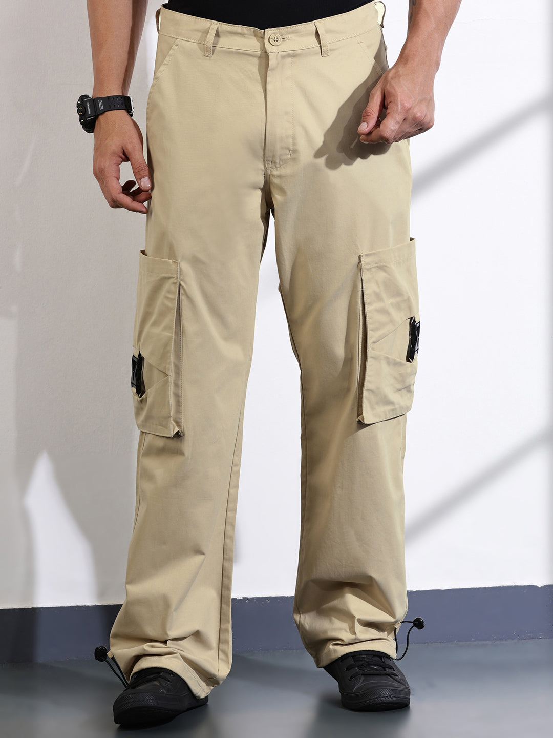 Thomas Scott Men Khaki Cotton Mid-Rise Original Cargo Trouser