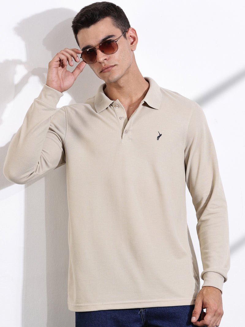 Thomas Scott Men Beige Solid Polo Collar T-shirt