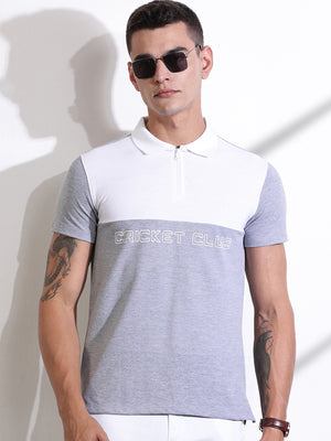 Grey Melange Colourblocked Polo Collar Cotton T-shirt