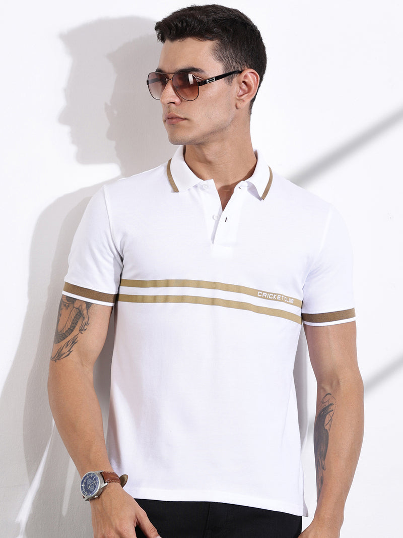 Thomas Scott Men White Striped Polo Collar Cotton T-shirt