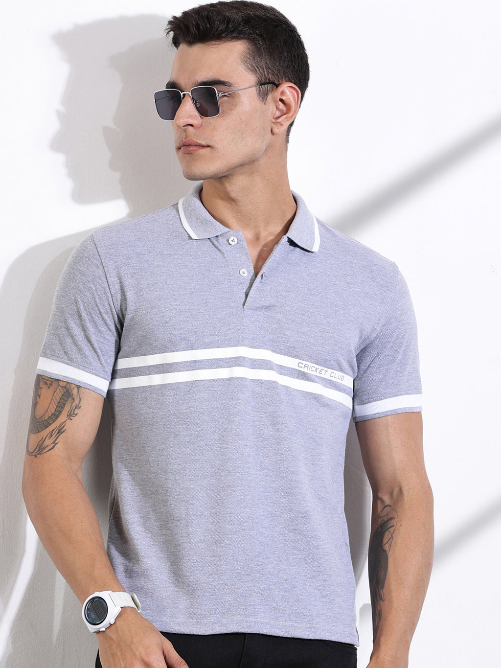Thomas Scott Men Grey Mel Striped Polo Collar Cotton T-shirt