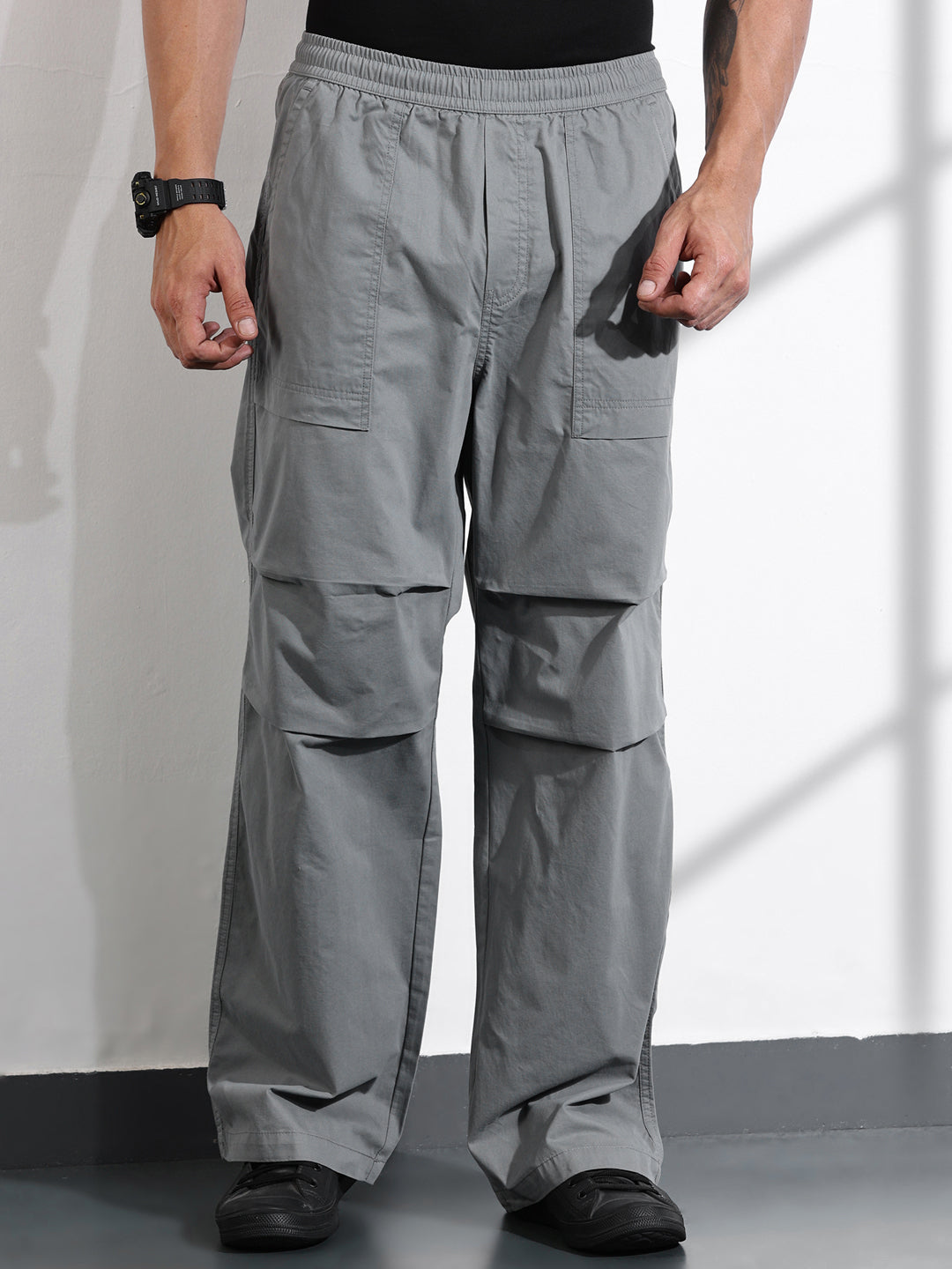 Thomas Scott Men Grey Cotton Mid-Rise Smart Cargo Trouser