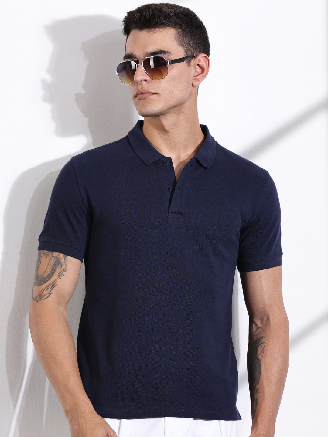 Thomas Scott Men Royal Blue Solid Polo Collar Cotton T-shirt