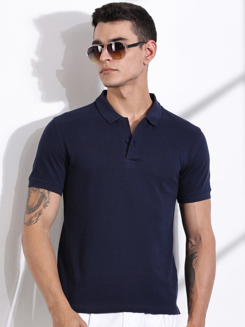 Thomas Scott Men Royal Blue Solid Polo Collar Cotton T-shirt