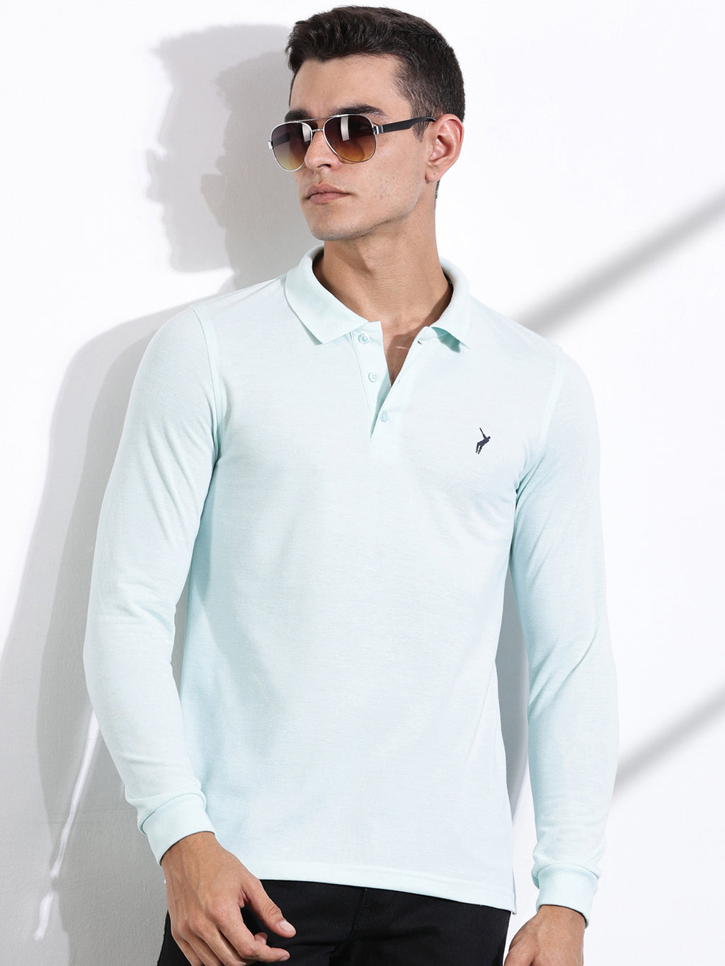 Thomas Scott Men Aqua Solid Polo Collar T-shirt