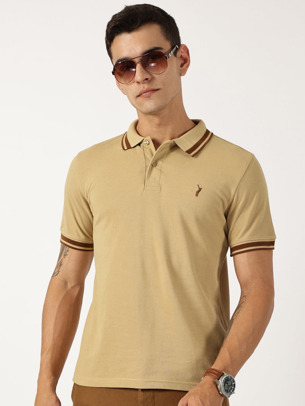 Thomas Scott Men Beige Solid Polo Collar Cotton T-shirt