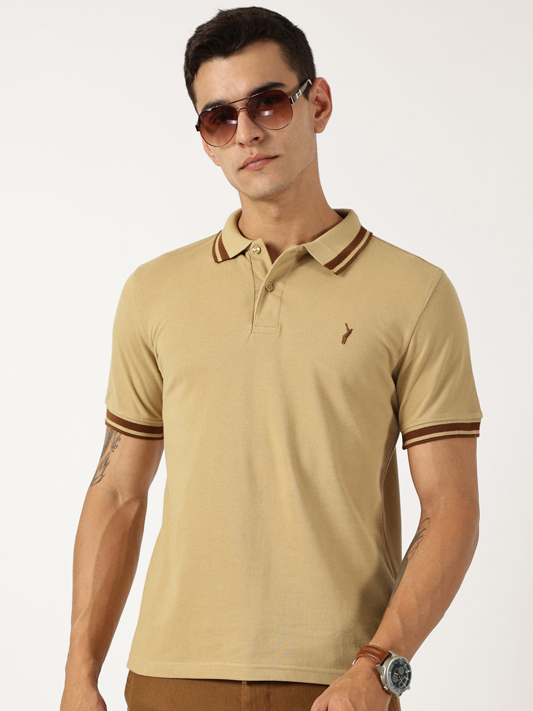 Thomas Scott Men Beige Solid Polo Collar Cotton T-shirt