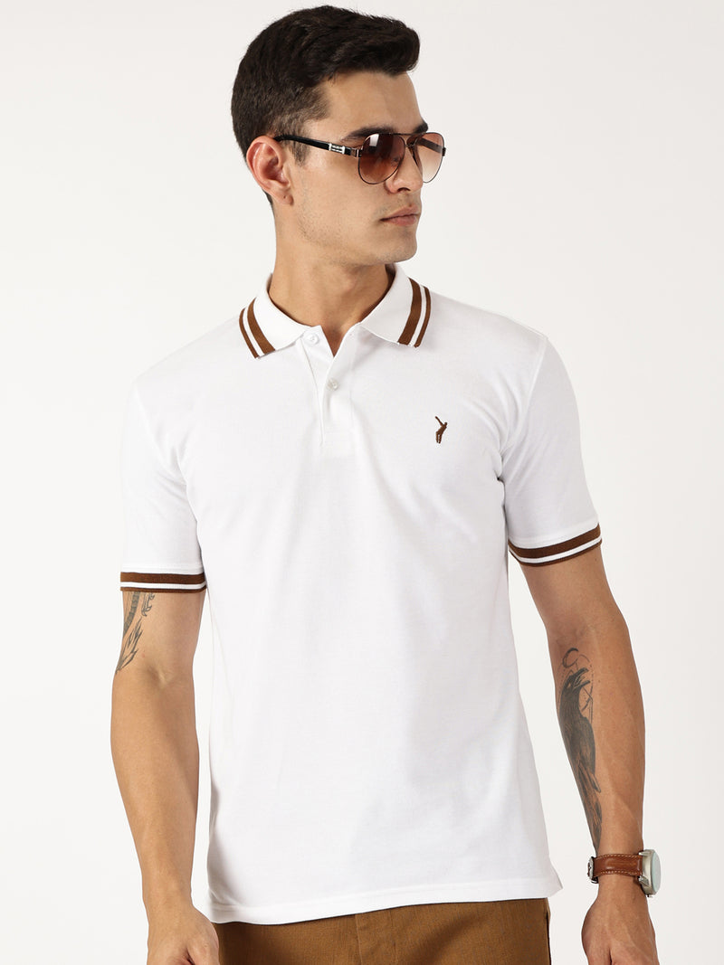 Thomas Scott Men White Solid Polo Collar Cotton T-shirt