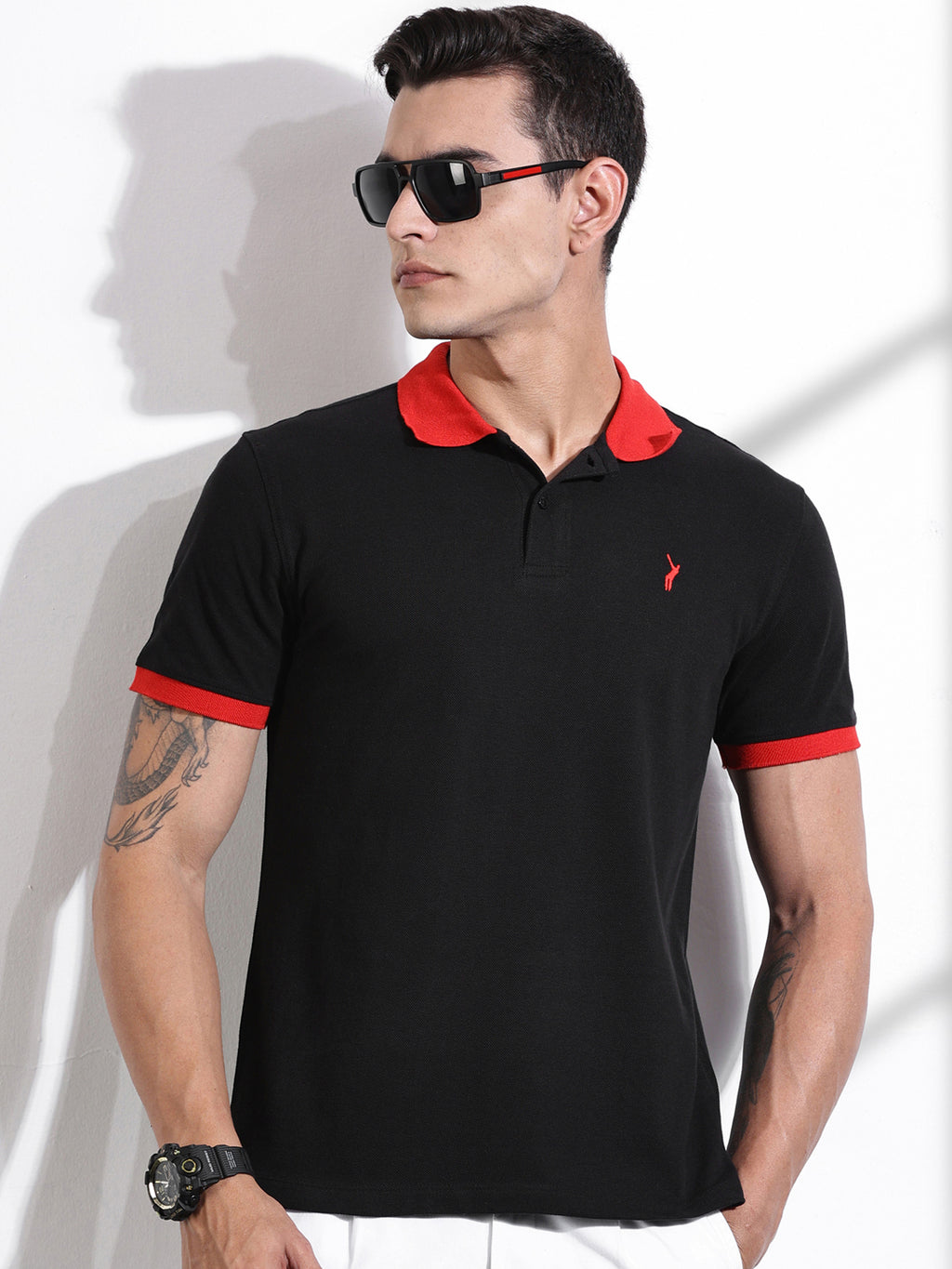 Thomas Scott Men Black Polo Collar Applique T-shirt