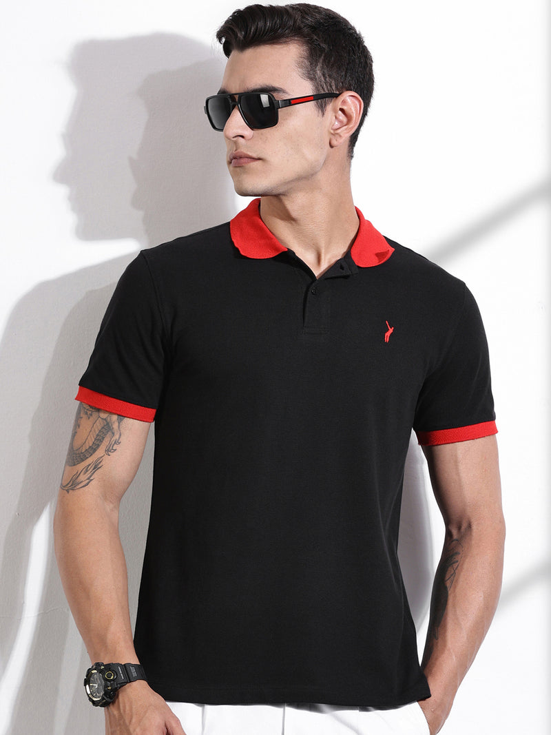 Thomas Scott Men Black Polo Collar Applique T-shirt
