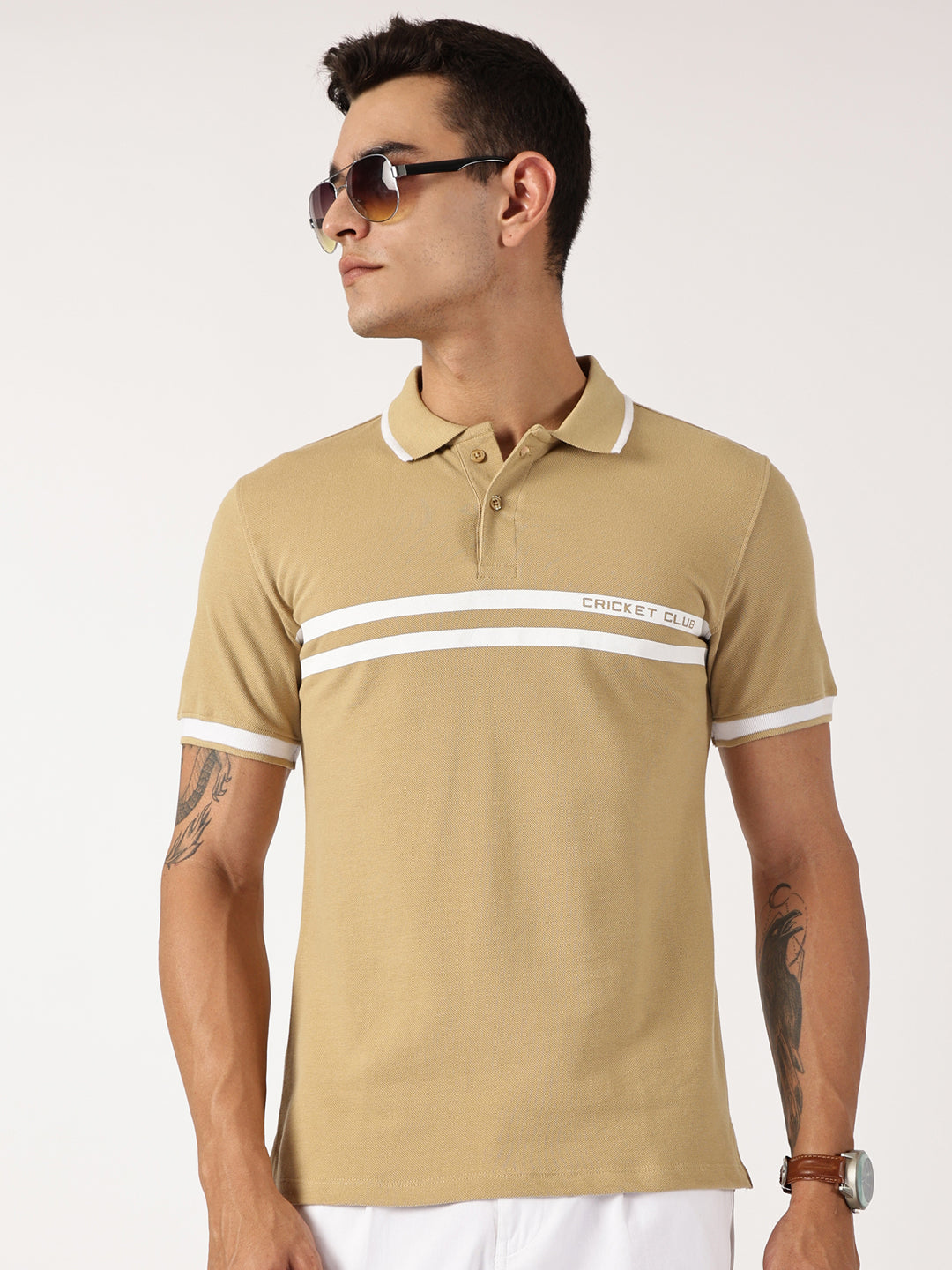Thomas Scott Men Beige Solid Polo Collar Cotton T-shirt