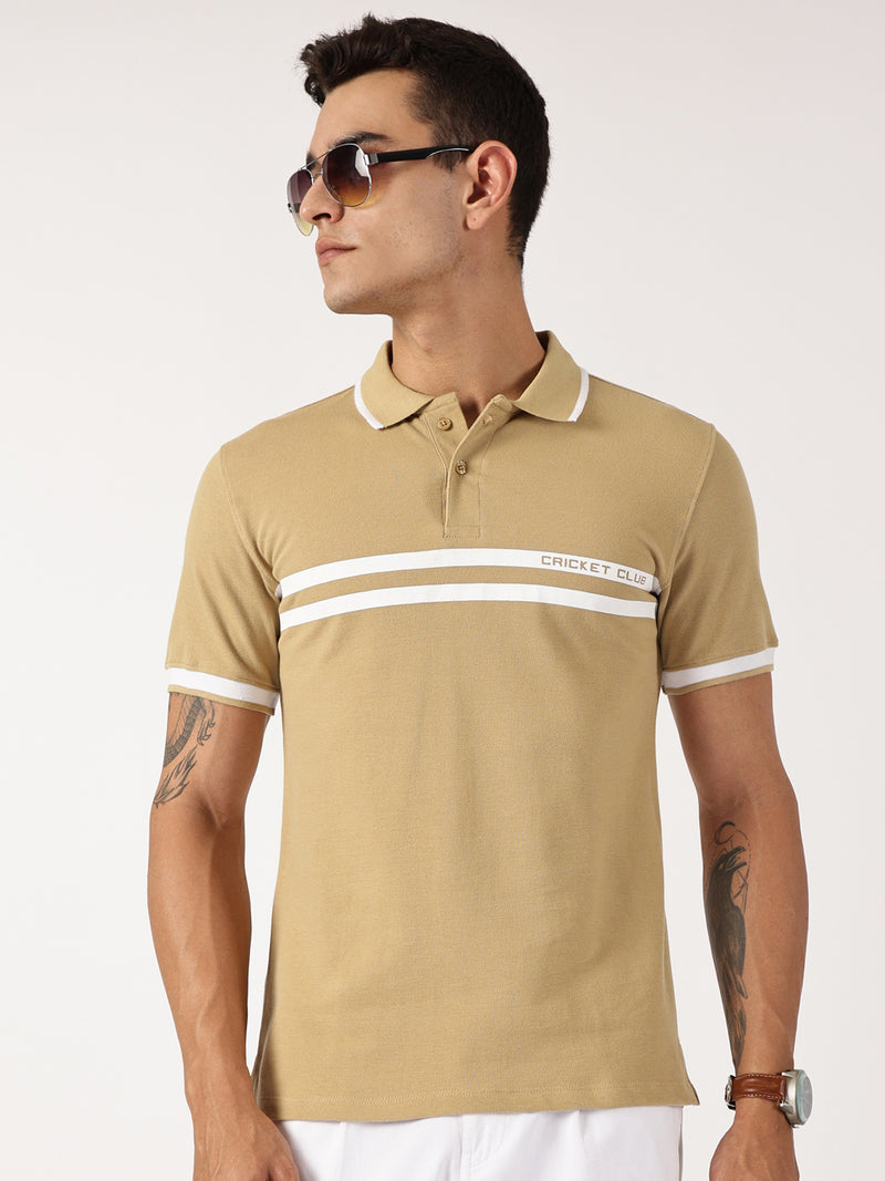 Thomas Scott Men Beige Solid Polo Collar Cotton T-shirt