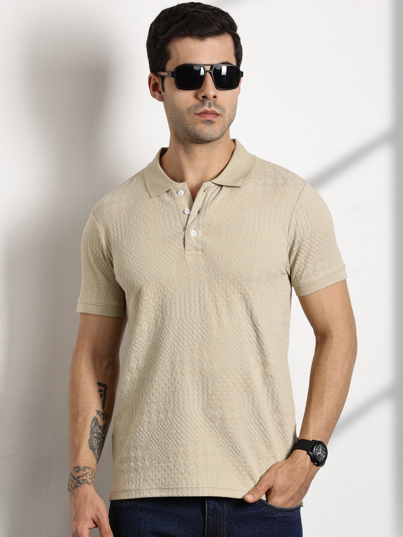 Thomas Scott Men Beige Textured Polo Collar T-shirt