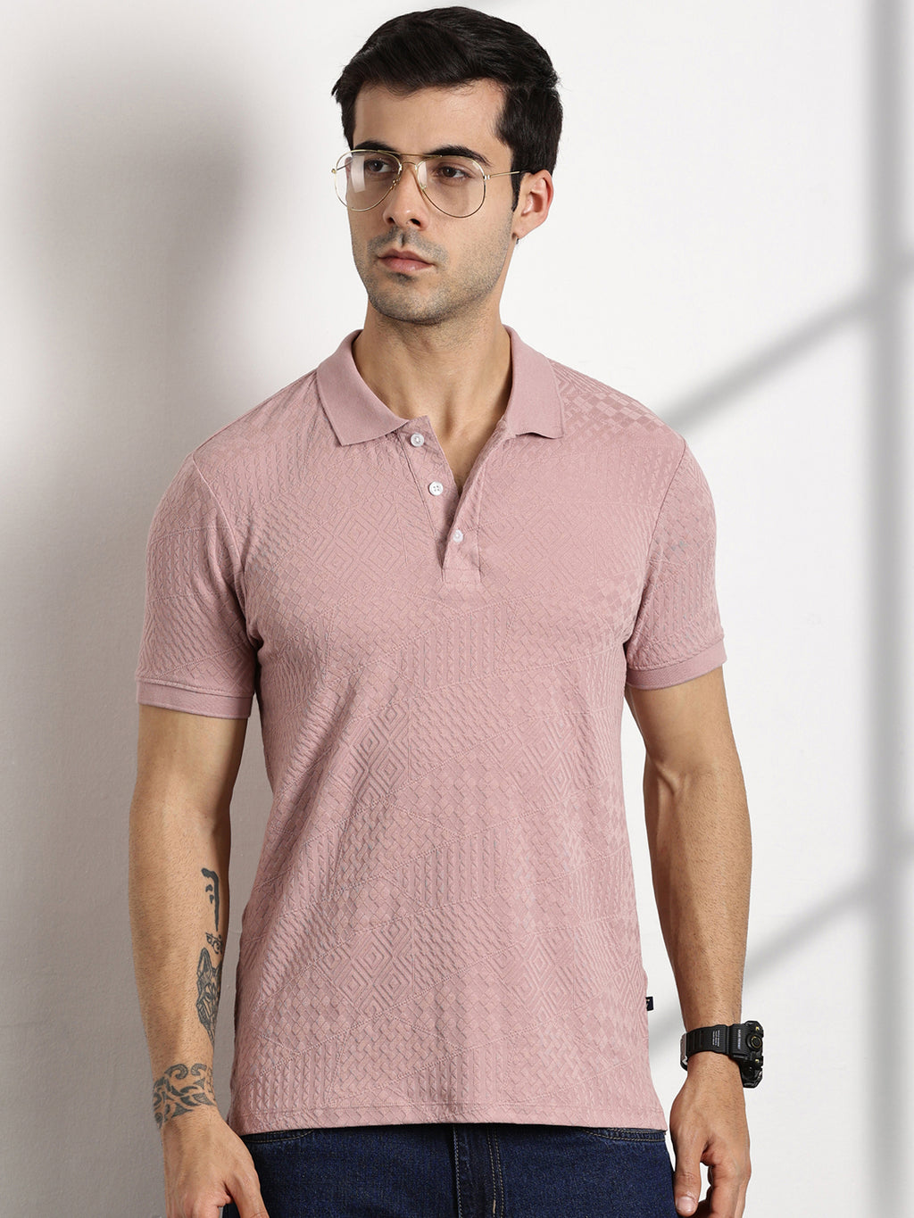 Thomas Scott Men Pink Polo Collar Pockets T-shirt