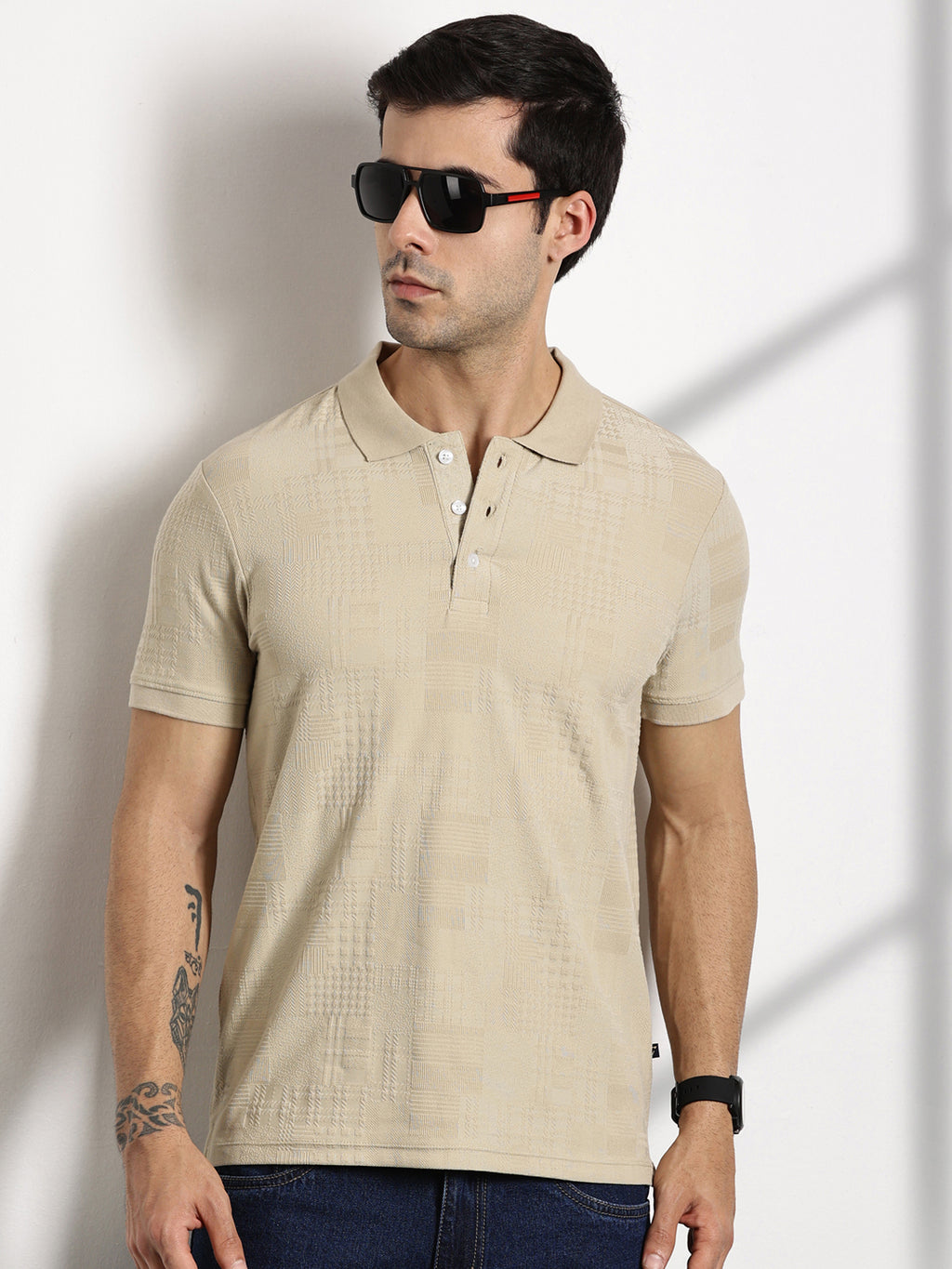 Thomas Scott Men Beige Textured Polo Collar Regular Fit T-shirt