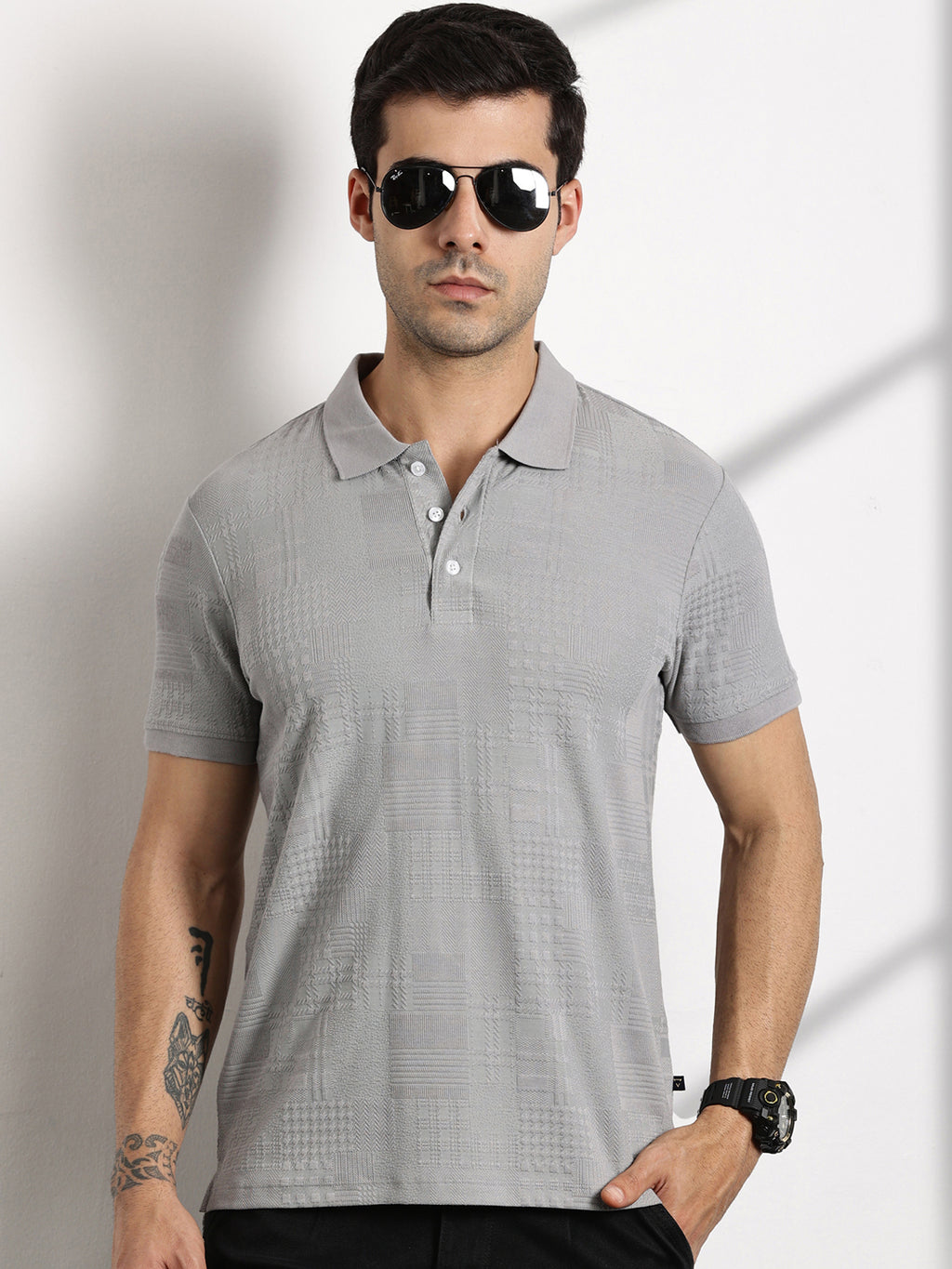 Thomas Scott Men Grey Textured Polo Collar Regular Fit T-shirt