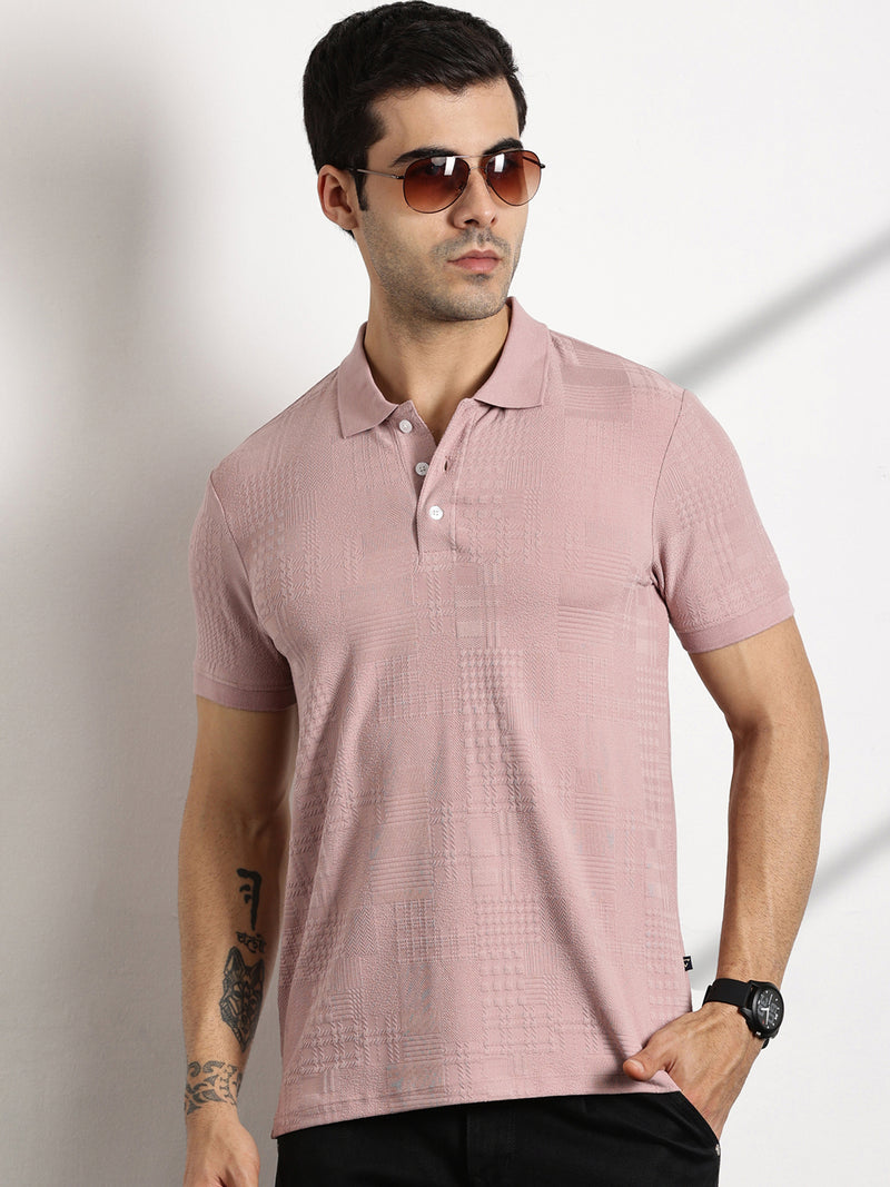 Thomas Scott Men Pink Textured Polo Collar Regular Fit T-shirt