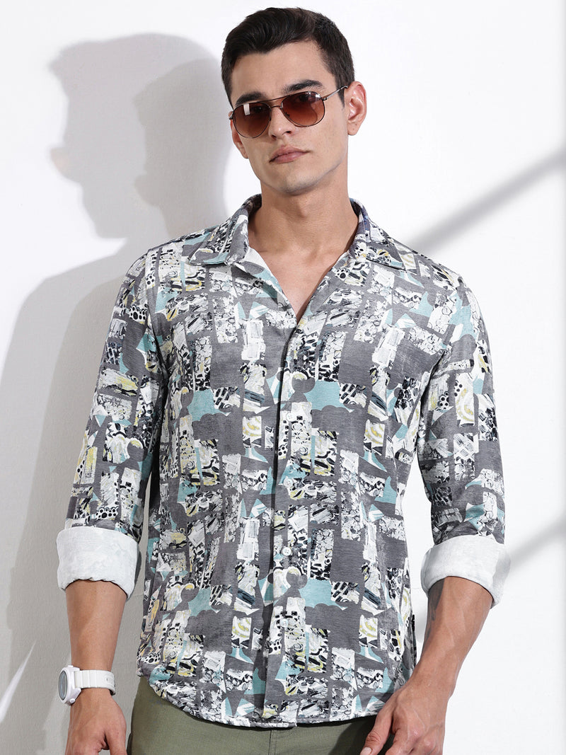 Thomas Scott Men Grey Slim Fit Long Sleeves Abstract Printed Casual Shirt