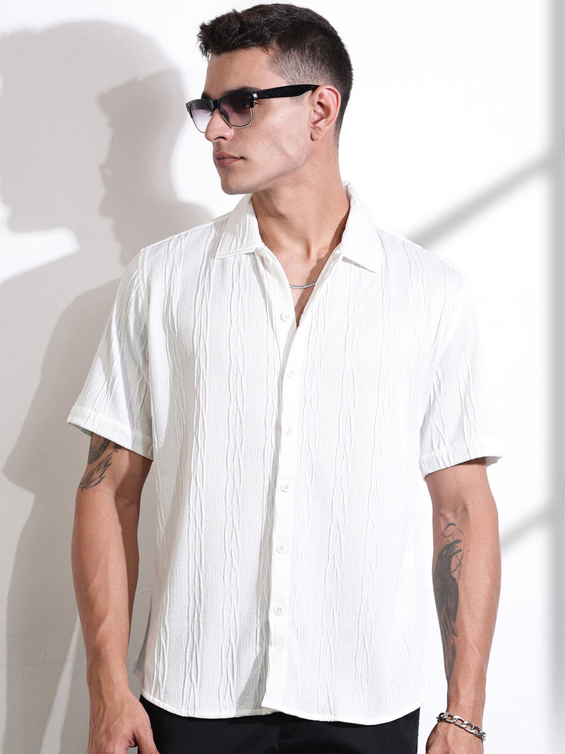 Thomas Scott Men White Oversized Textured Knitted Casual Shirt