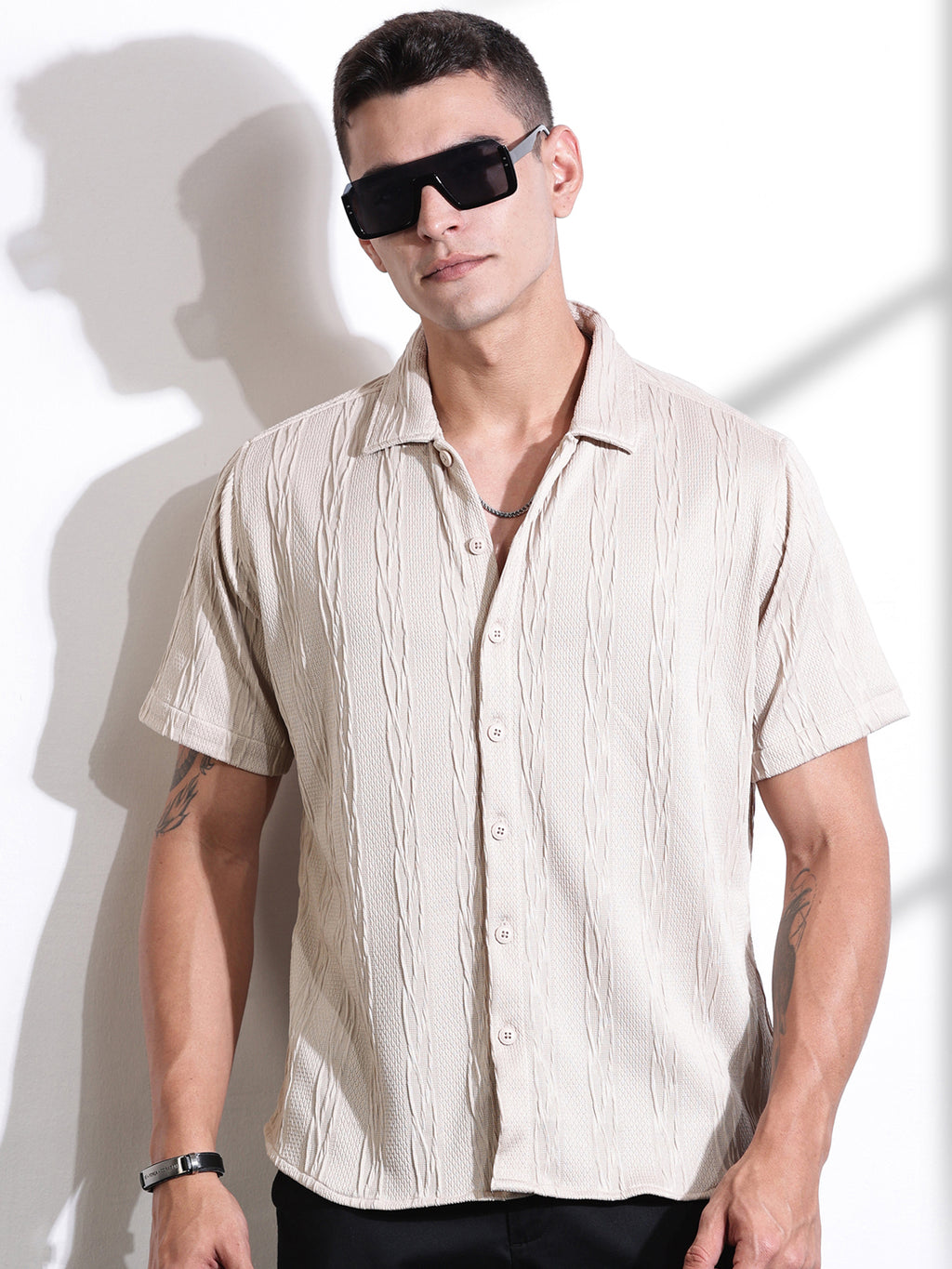 Thomas Scott Men Beige Oversized Textured Knitted Casual Shirt
