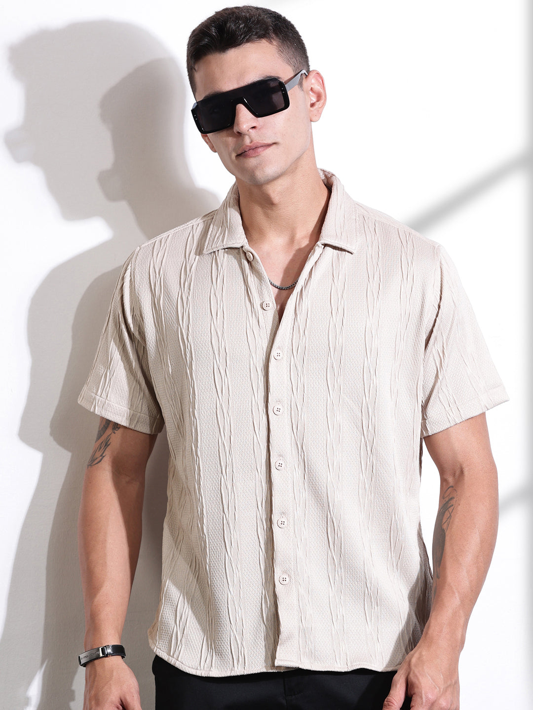 Thomas Scott Men Beige Oversized Textured Knitted Casual Shirt