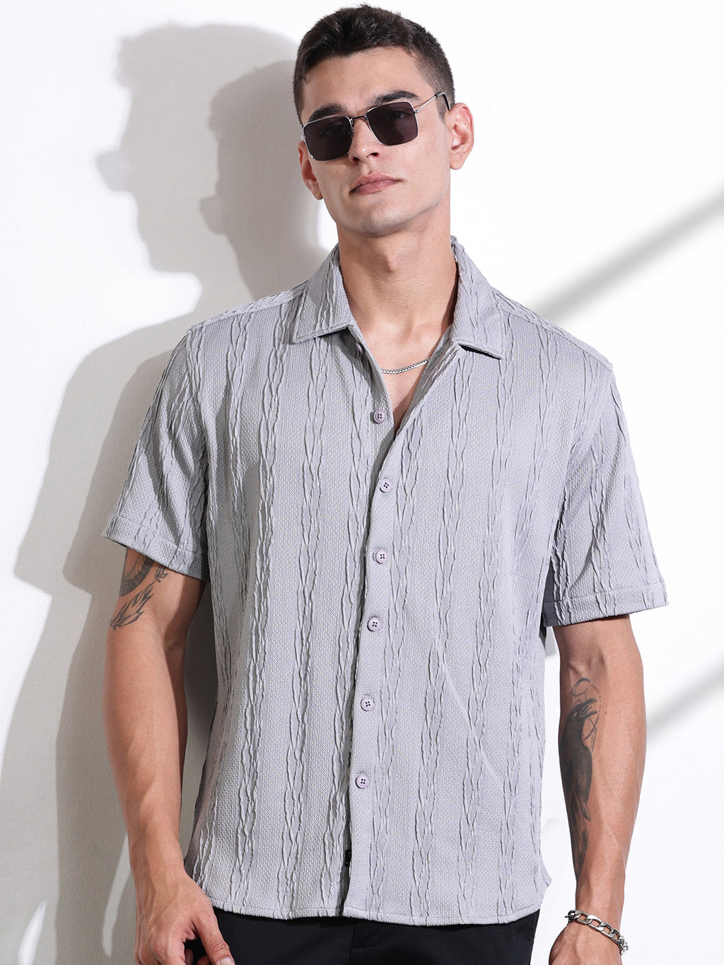 Thomas Scott Men Grey Oversized Textured Knitted Casual Shirt