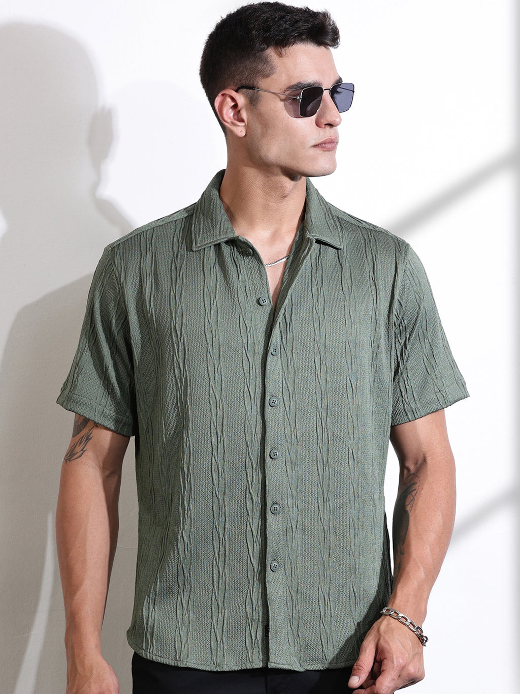 Thomas Scott Men Green Oversized Textured Knitted Casual Shirt